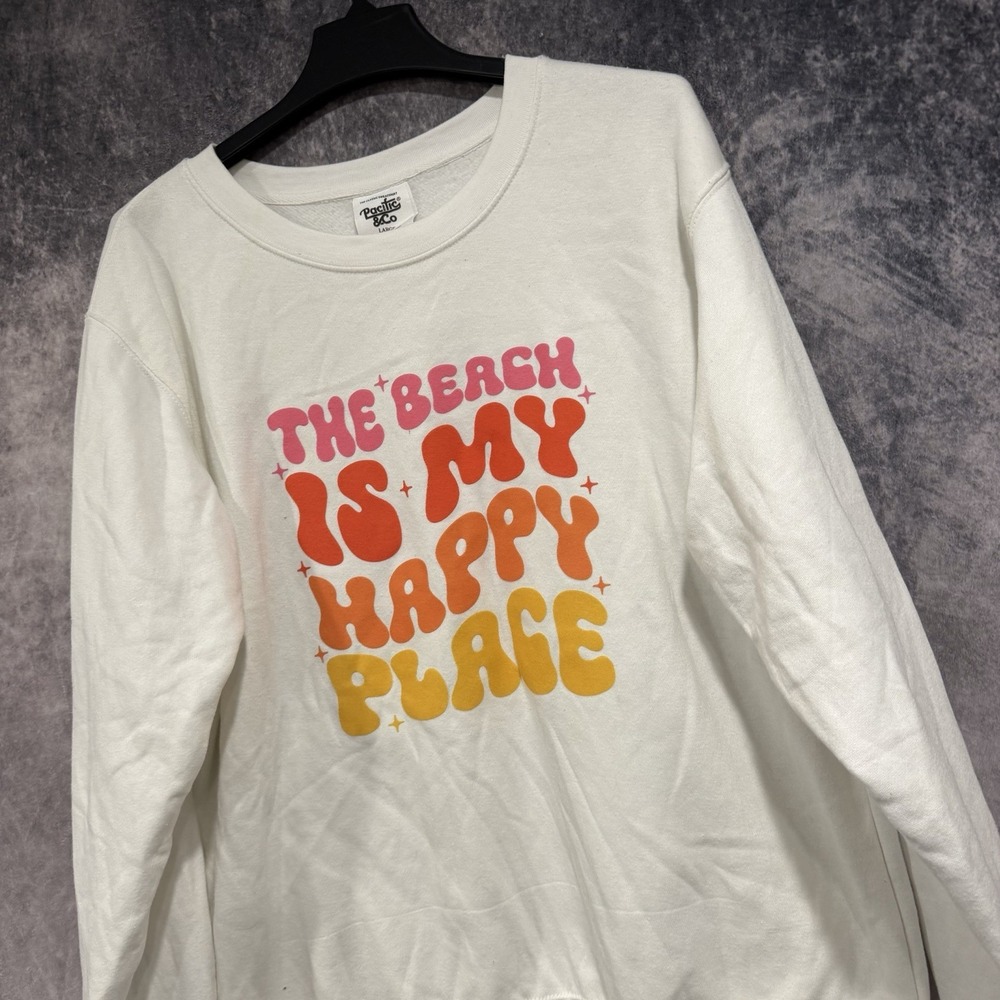 Pacific & Co Beach Is My Happy Place Sweatshirt Adult L Cream Retro Graphic